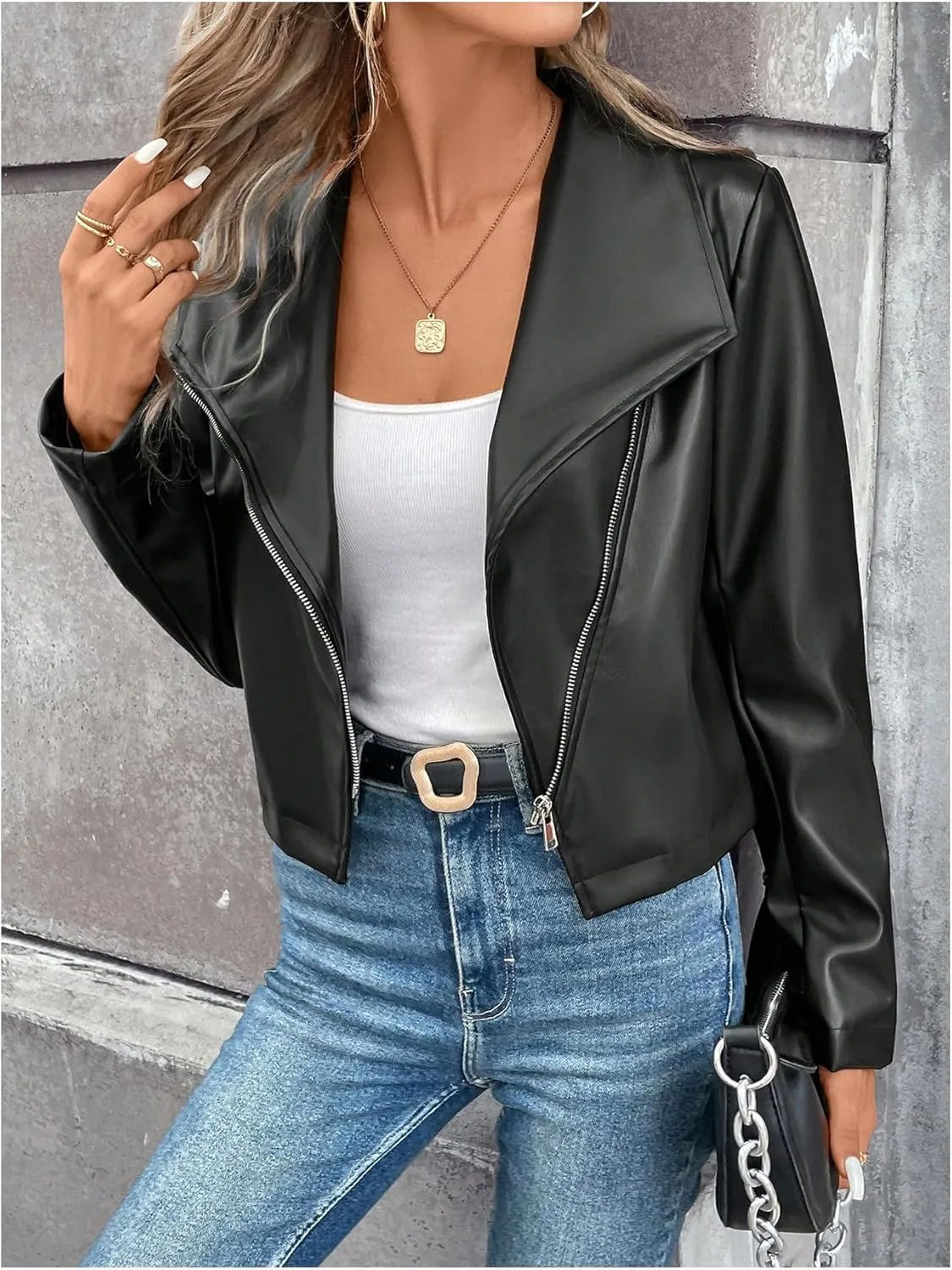 MakeMeChic Women's Faux Leather Jackets Zip Up Long Sleeve Open Front Short Moto Biker Cropped Coat