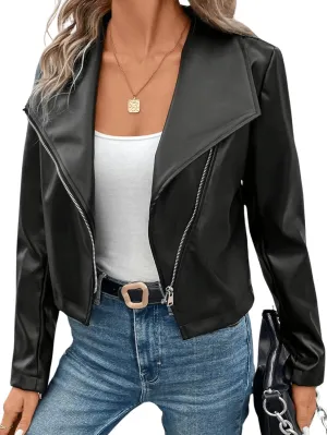 MakeMeChic Women's Faux Leather Jackets Zip Up Long Sleeve Open Front Short Moto Biker Cropped Coat