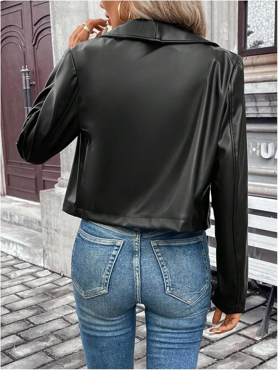 MakeMeChic Women's Faux Leather Jackets Zip Up Long Sleeve Open Front Short Moto Biker Cropped Coat