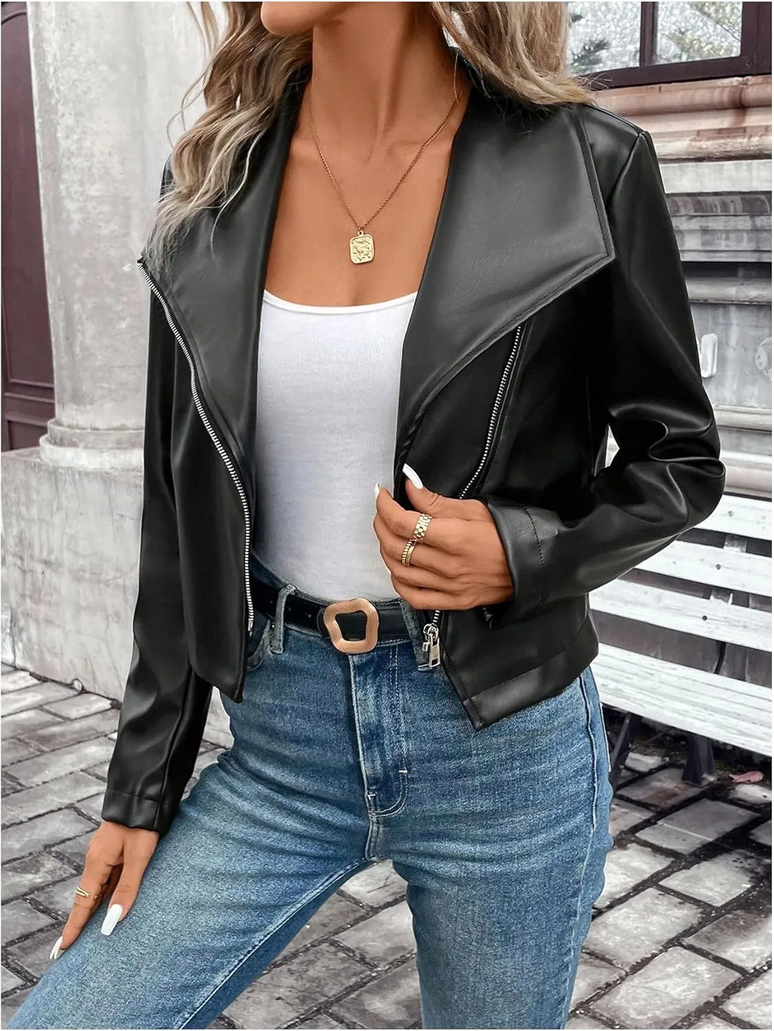 MakeMeChic Women's Faux Leather Jackets Zip Up Long Sleeve Open Front Short Moto Biker Cropped Coat