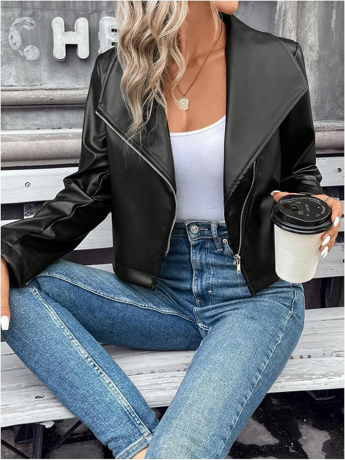 MakeMeChic Women's Faux Leather Jackets Zip Up Long Sleeve Open Front Short Moto Biker Cropped Coat