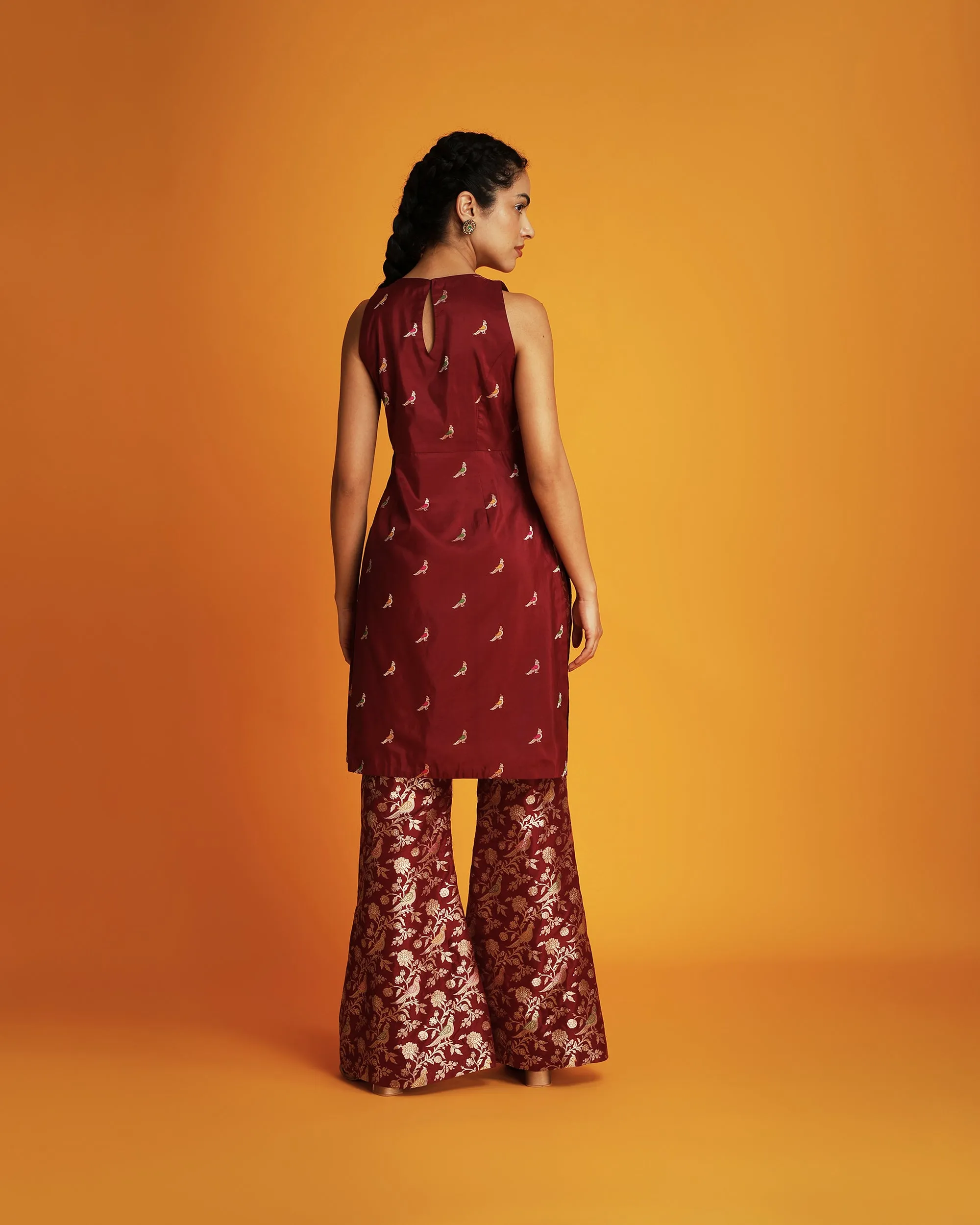 Maroon silk brocade bell bottom pants