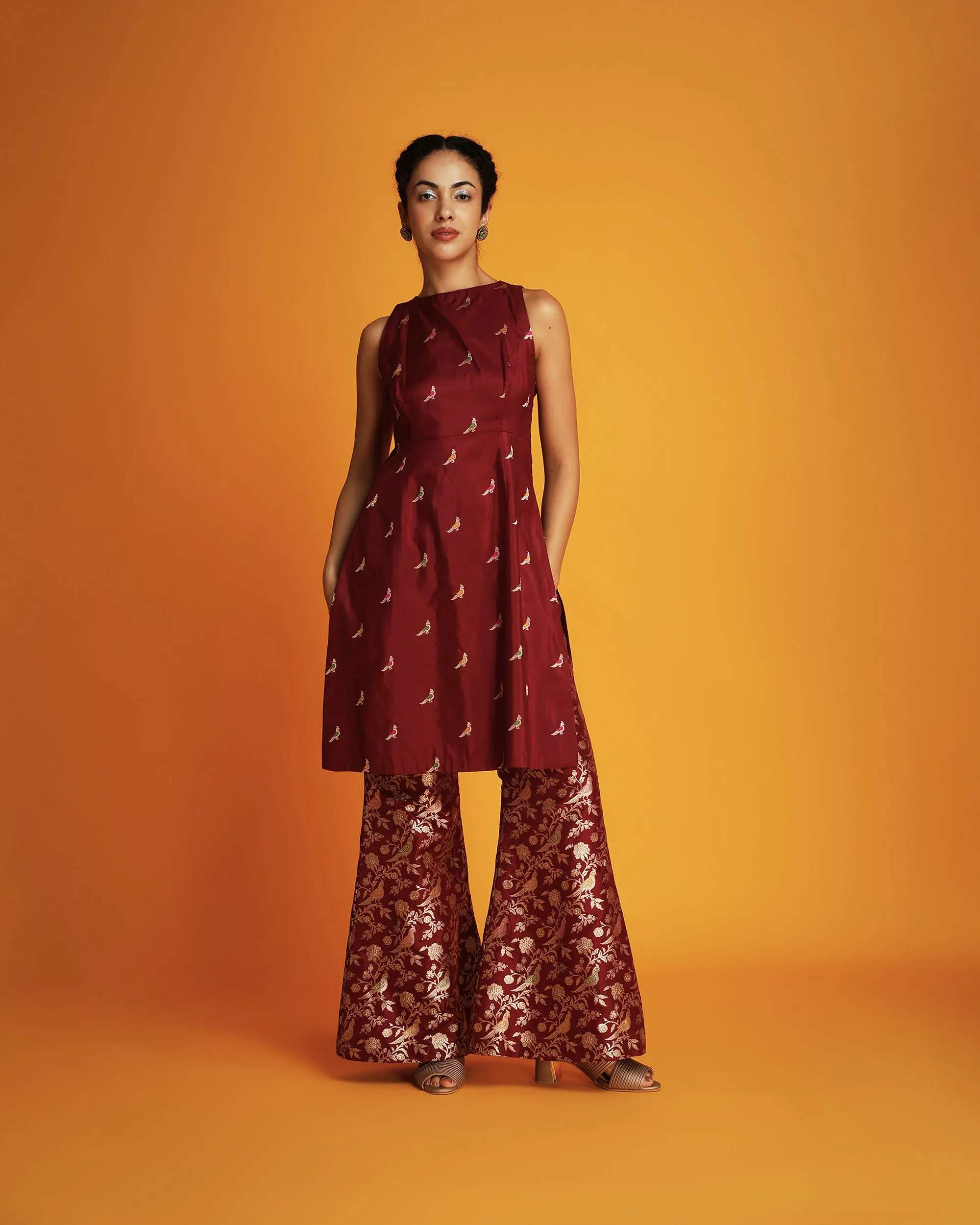 Maroon silk brocade bell bottom pants
