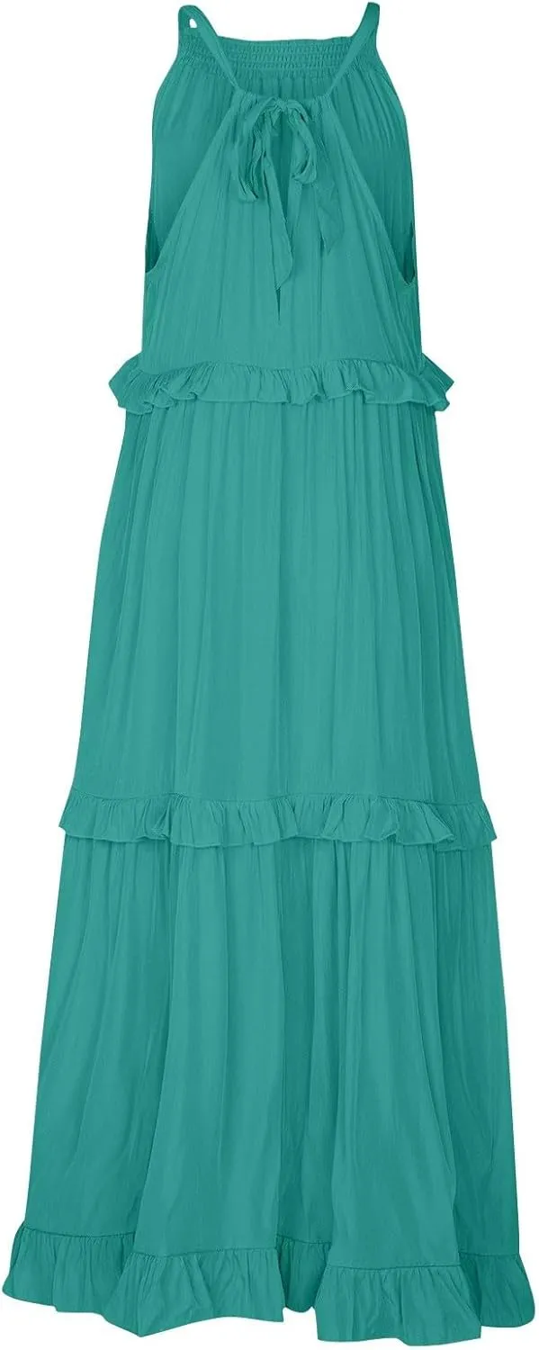 Maxi Dresses for Women 2025 Sleeveless Sexy Tiered Flowy Long Dress Summer Loose Smocked Ruffle Swing Beach Dresses