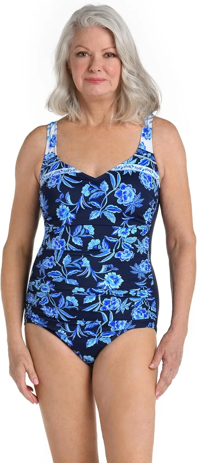 Maxine Of Hollywood Women's Side Shirred Girl Leg One Piece Swimsuit