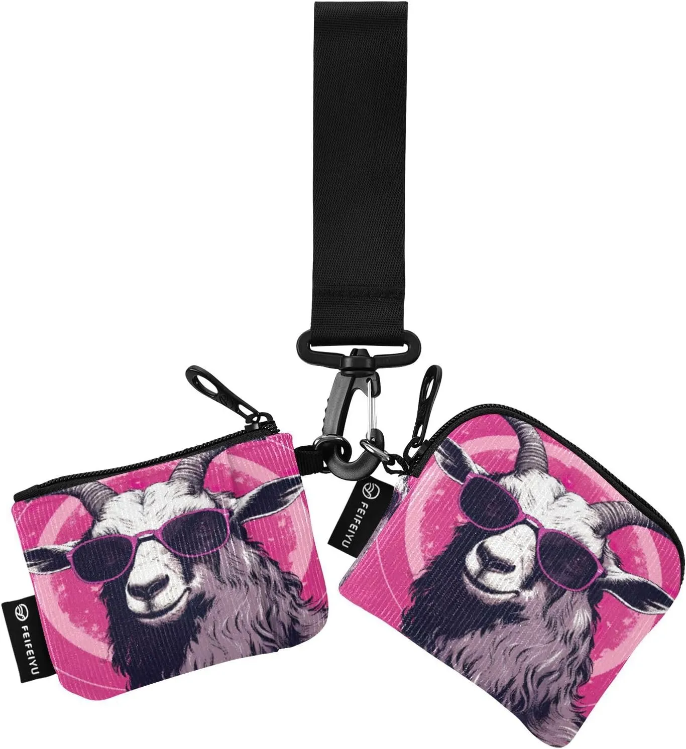 MCHIVER Pink Sunglasses Sheep Dual Pouch Wristlet Portable Keychain Wallet Detachable Coin Purse Pouch with Zipper Keychain Wristlet for Women Travel Outdoors Sports
