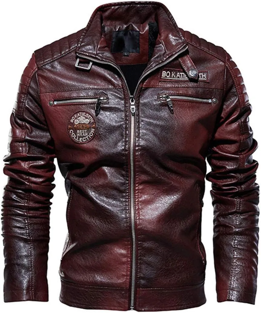 Men Casual Motor Distressed Leather Jacket Coat Men Winter Vintage Outwear Faux Leather Jackets Red M