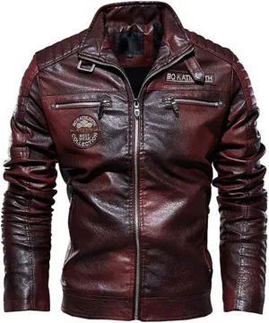 Men Casual Motor Distressed Leather Jacket Coat Men Winter Vintage Outwear Faux Leather Jackets Red M