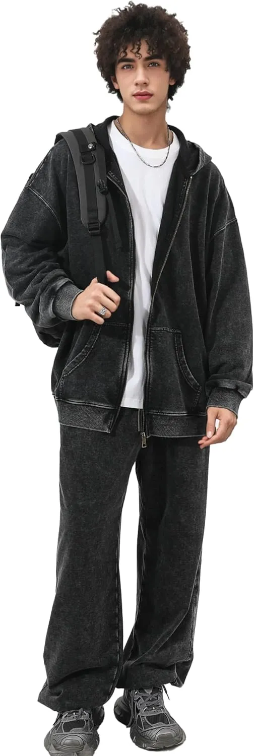 Mens Oversized Sweatshirt Zip Up Hoodie Solid Wash Old Craft Basic Jackets Unisex Heavyweight Casual Sweatshirts