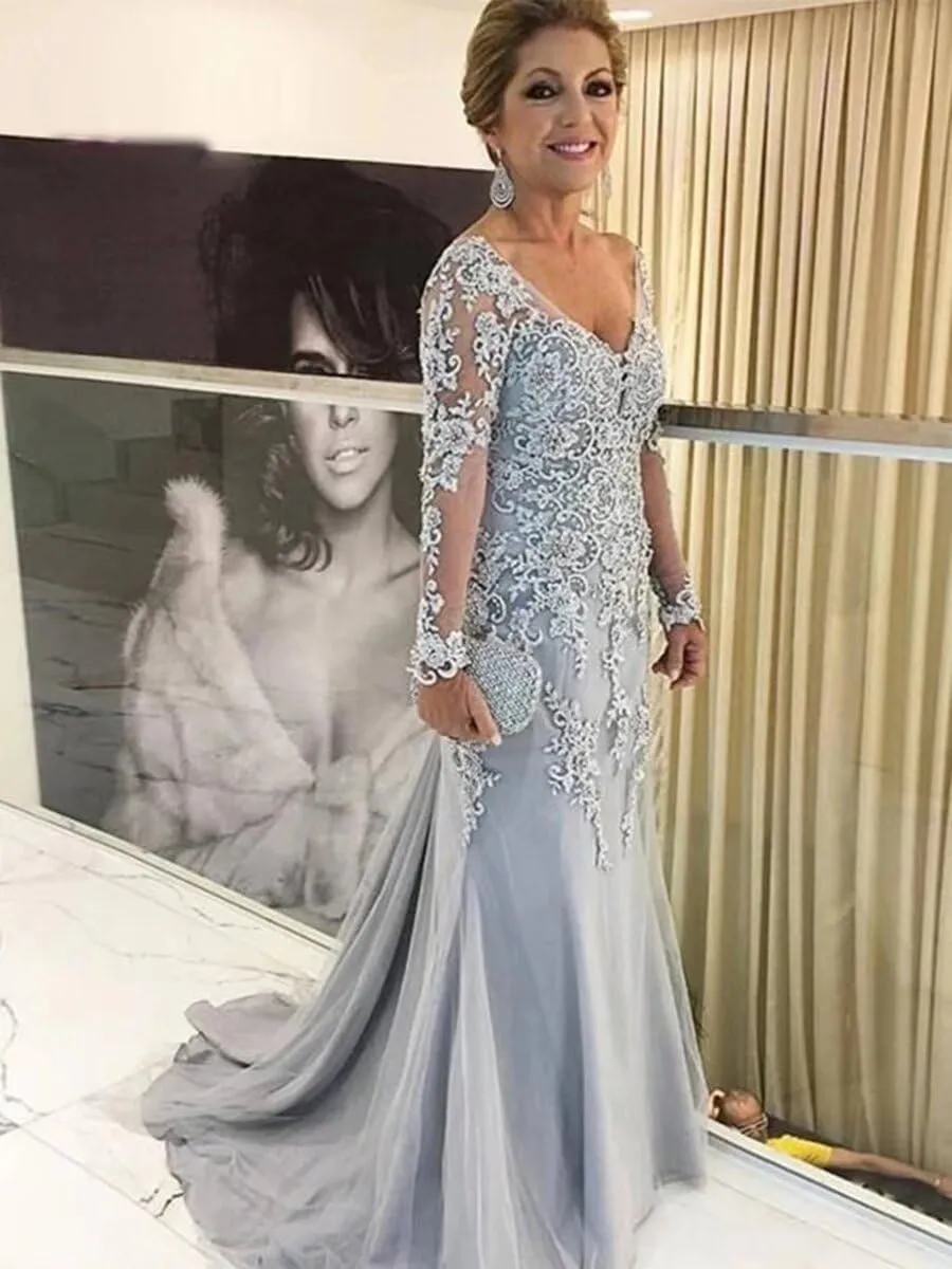 Mermaid Laces Mother of The Bride Dress with Long Sleeves Off Shoulder Formal Party Evening Gown HO16