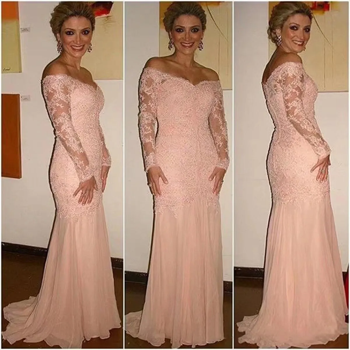 Mermaid Laces Mother of The Bride Dress with Long Sleeves Off Shoulder Formal Party Evening Gown HO16
