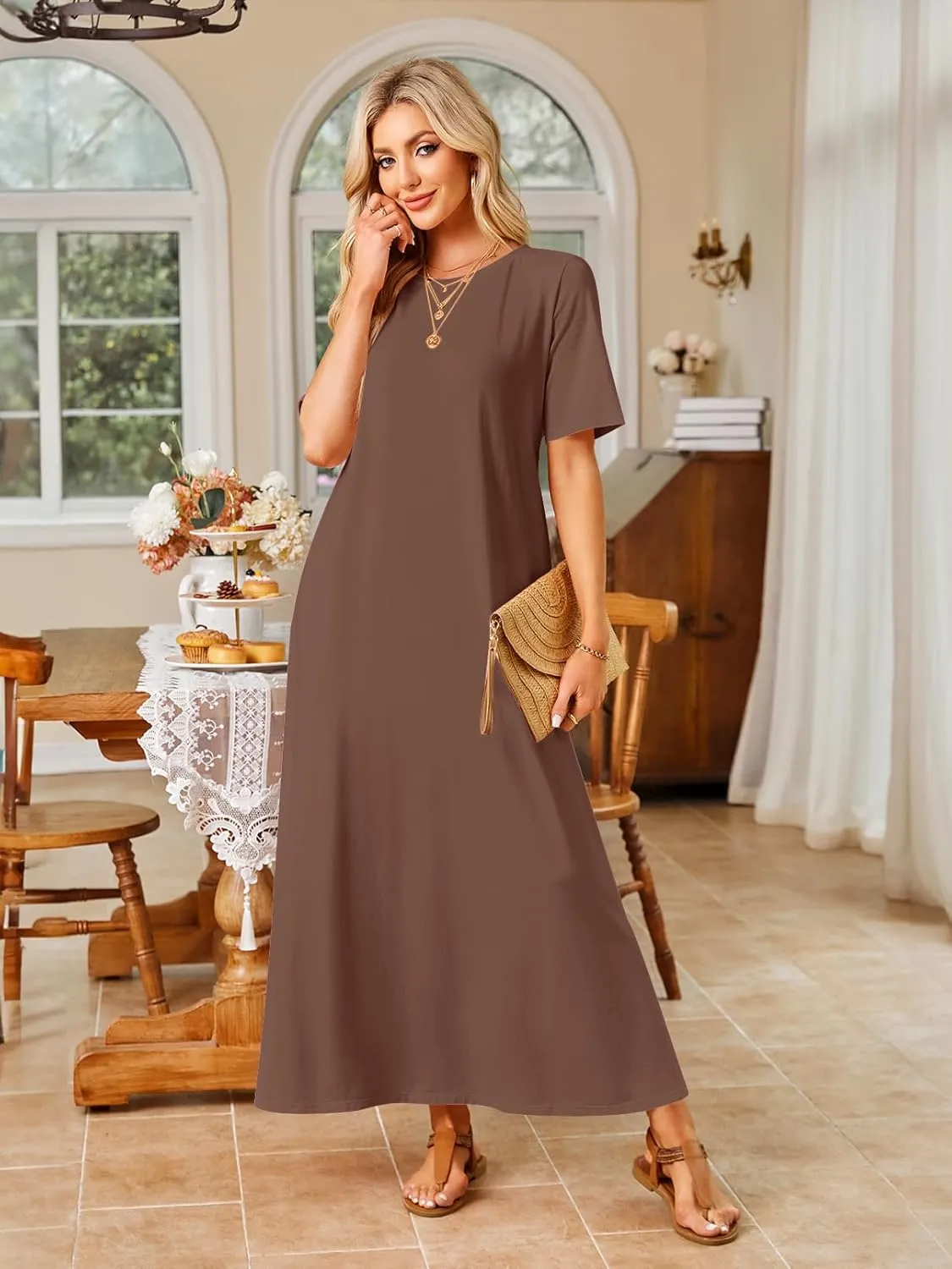 MEROKEETY Women's 2025 Spring Summer Casual Maxi Dress Beach Vacation Short Sleeve Crewneck Basic Long T Shirt Dresses