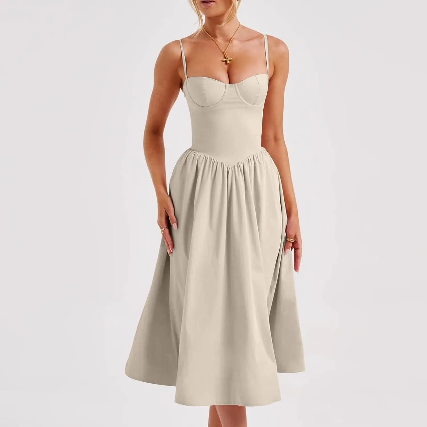 midelxp Corset Dress for Women Formal Spaghetti Strap Bustier Midi Dresses Flowy Pleated Hem Corset Sundress with Pockets