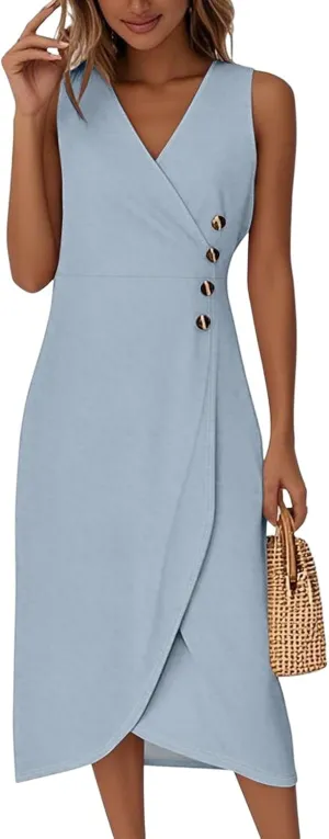 Midi Dresses for Women Formal V Neck Wrap Sleeveless Wedding Guest Dresses Summer Elegant Party Asymmetric Dress