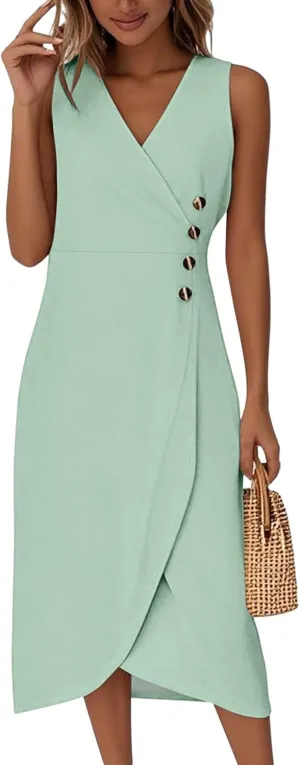 Midi Dresses for Women Formal V Neck Wrap Sleeveless Wedding Guest Dresses Summer Elegant Party Asymmetric Dress