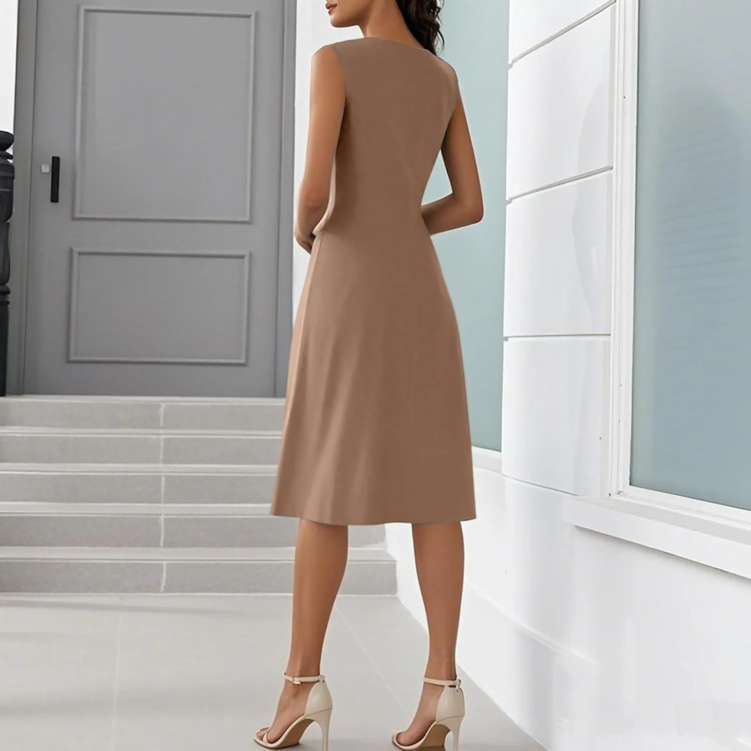 Midi Dresses for Women Formal V Neck Wrap Sleeveless Wedding Guest Dresses Summer Elegant Party Asymmetric Dress