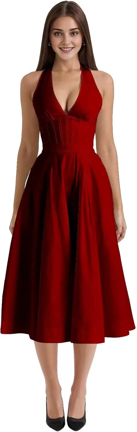 Midi Party Dresses for Women Bow Halter Graduation Dress with Pockets Deep V Neck Prom Gowns