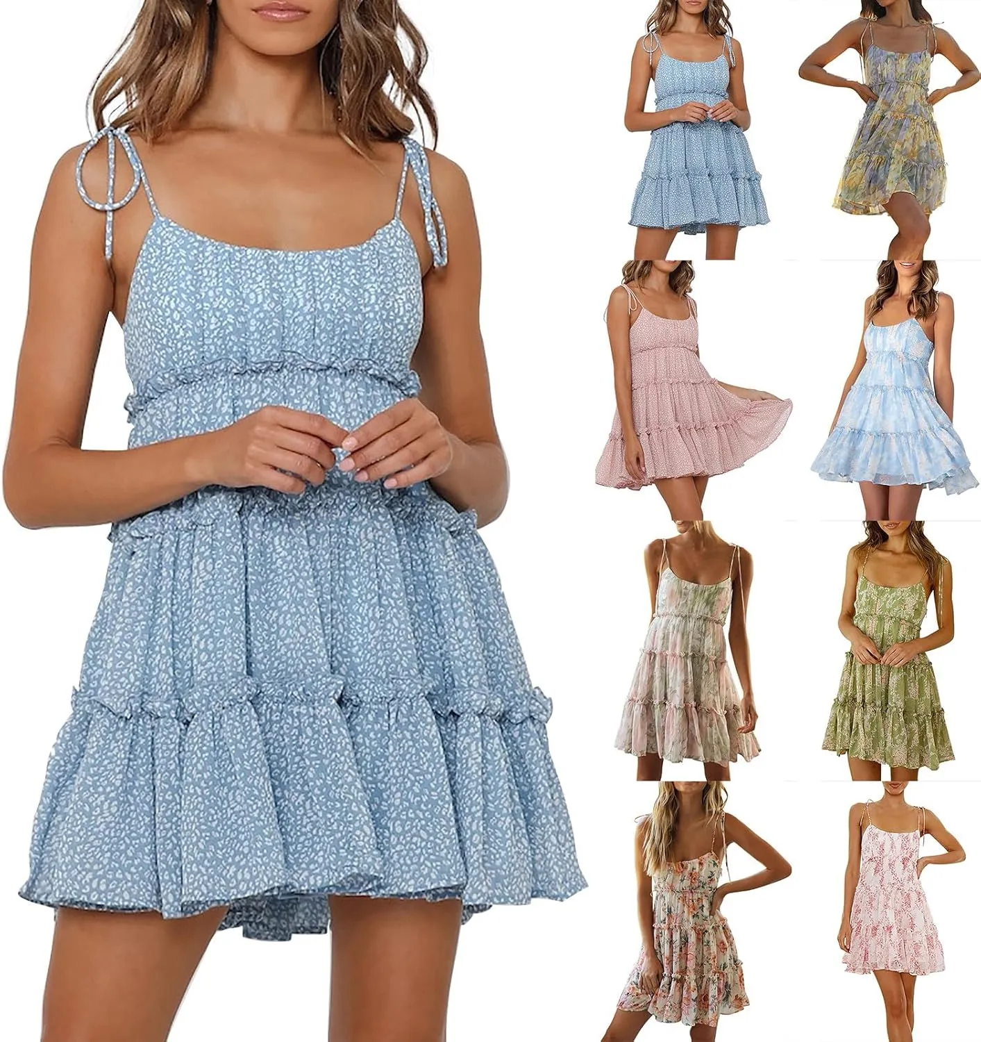 Mini Dresses for Women 2025 Casual Summer Flowy Cami Ditsy Floral Dress Chiffon Tiered Ruffle Beach Sundress