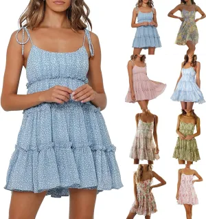 Mini Dresses for Women 2025 Casual Summer Flowy Cami Ditsy Floral Dress Chiffon Tiered Ruffle Beach Sundress