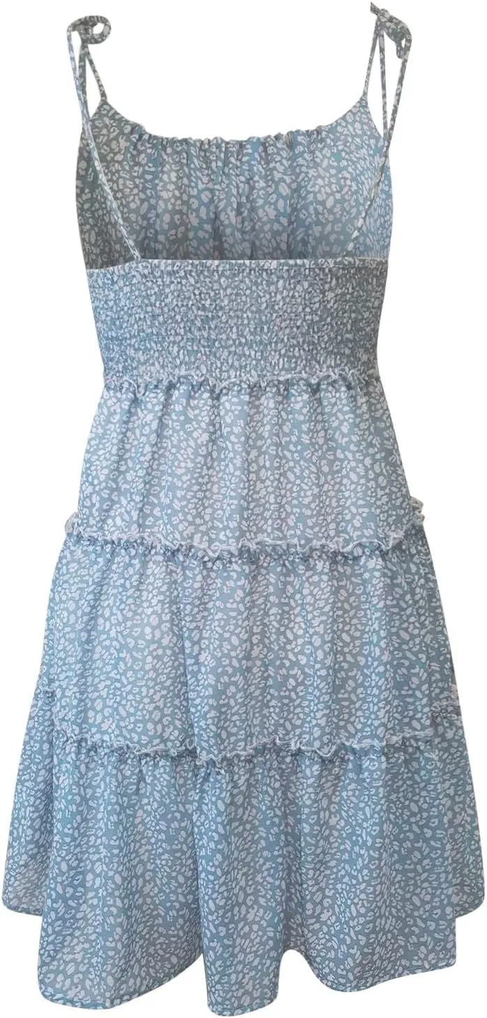 Mini Dresses for Women 2025 Casual Summer Flowy Cami Ditsy Floral Dress Chiffon Tiered Ruffle Beach Sundress
