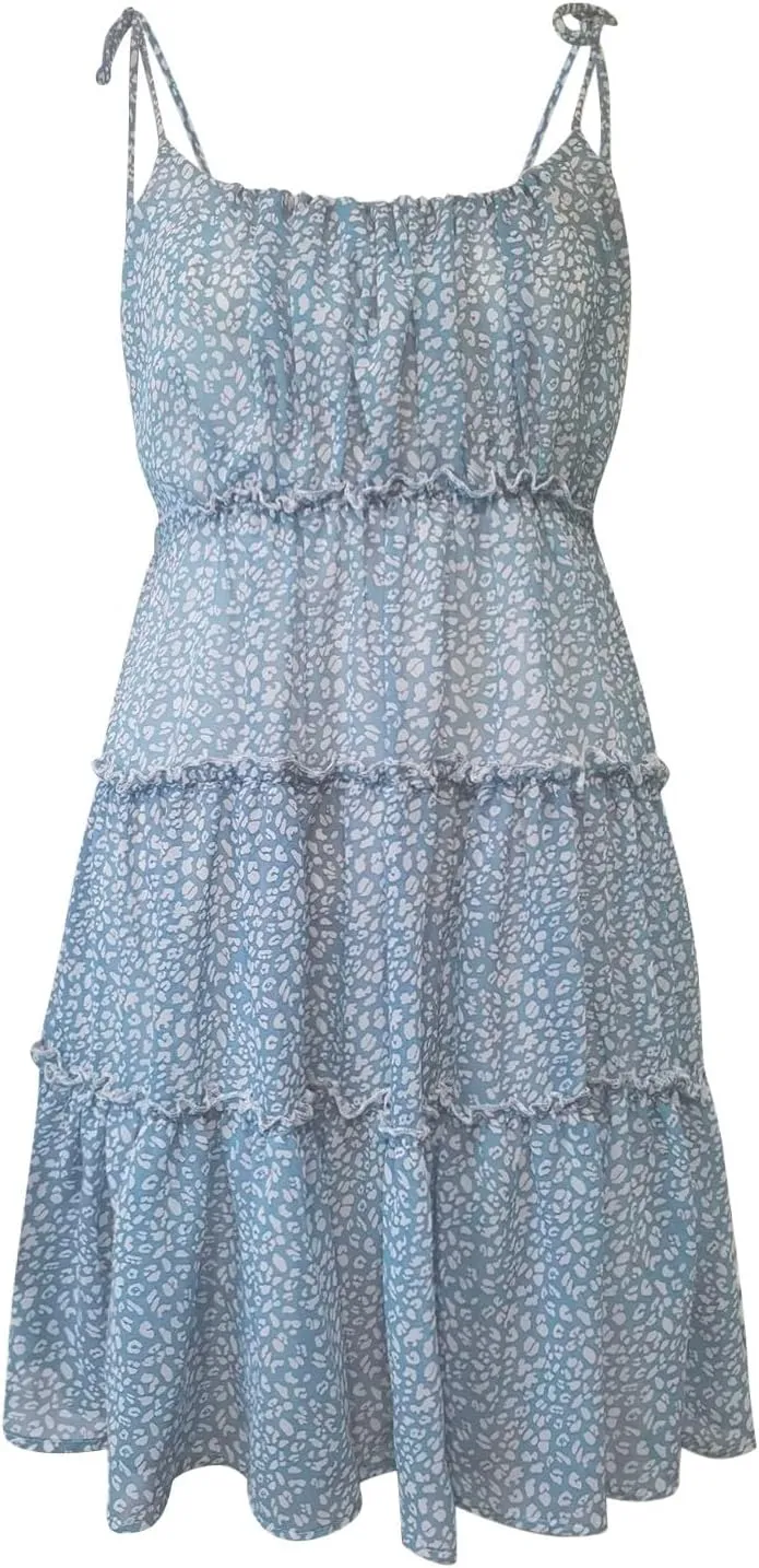 Mini Dresses for Women 2025 Casual Summer Flowy Cami Ditsy Floral Dress Chiffon Tiered Ruffle Beach Sundress