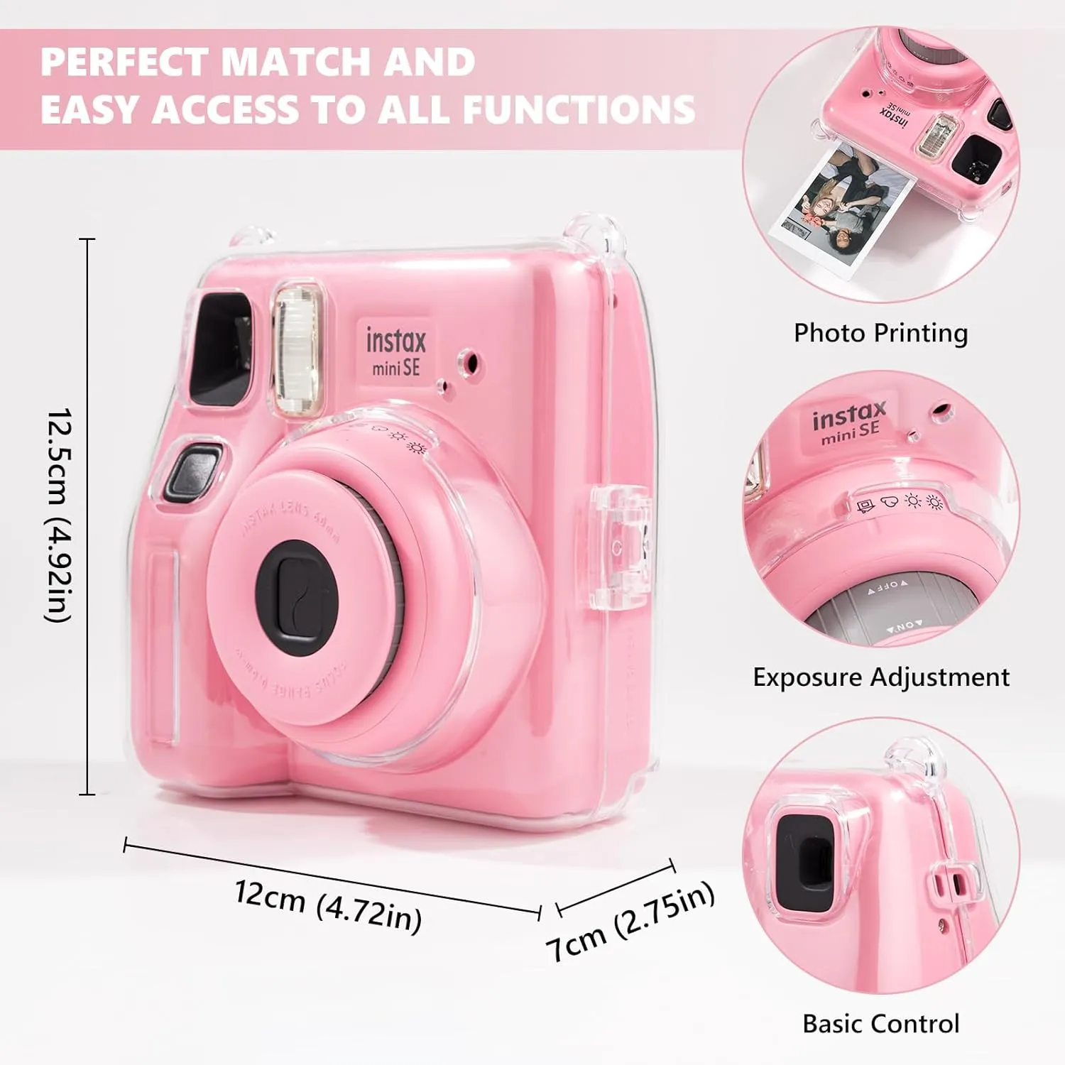 Mini SE Clear Case, Hard Cover for Fujifilm Instax Mini SE Instant Camera With Cute Cartoon Sticker and Shoulder Strap for Girls Boys - Pink Hey Cat