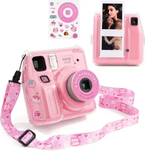 Mini SE Clear Case, Hard Cover for Fujifilm Instax Mini SE Instant Camera With Cute Cartoon Sticker and Shoulder Strap for Girls Boys - Pink Hey Cat