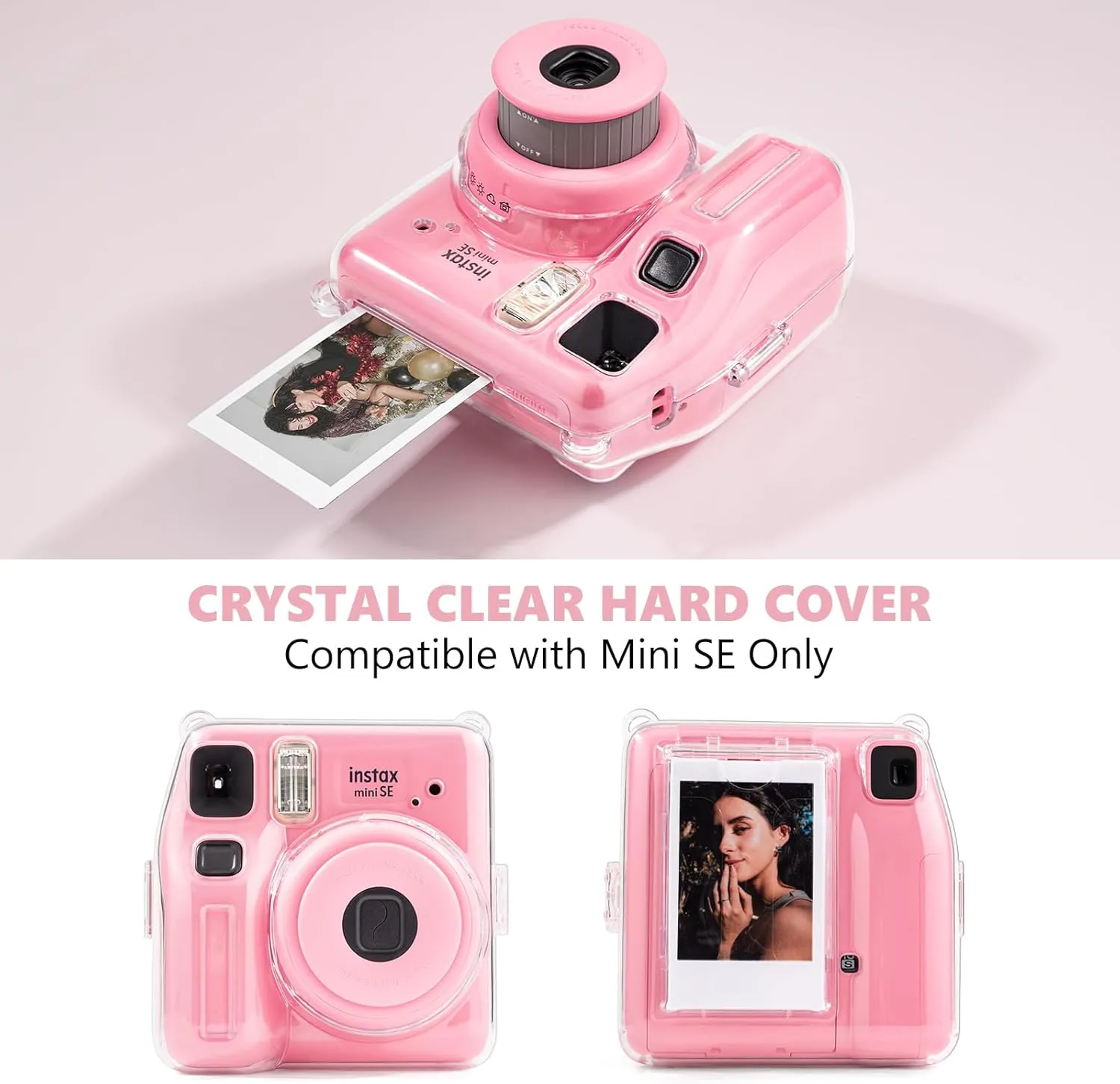 Mini SE Clear Case, Hard Cover for Fujifilm Instax Mini SE Instant Camera With Cute Cartoon Sticker and Shoulder Strap for Girls Boys - Pink Hey Cat