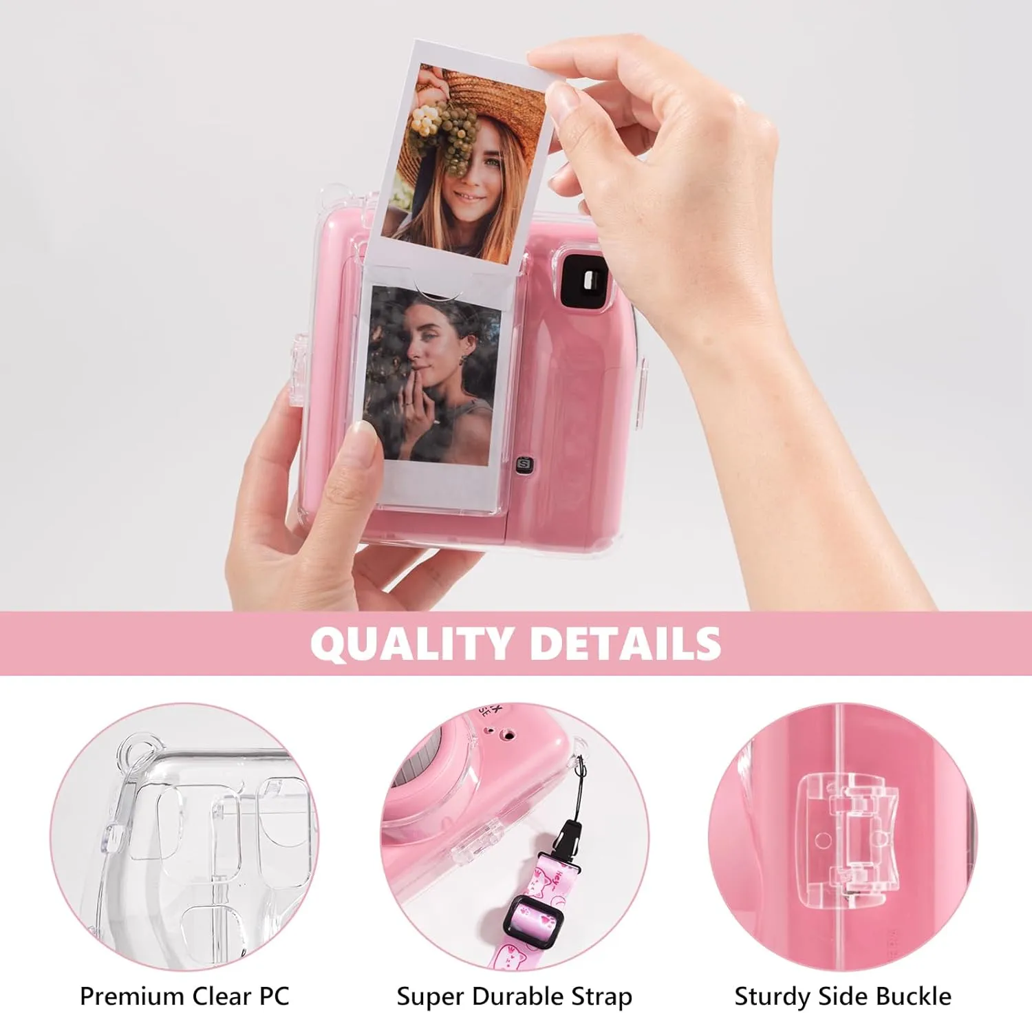 Mini SE Clear Case, Hard Cover for Fujifilm Instax Mini SE Instant Camera With Cute Cartoon Sticker and Shoulder Strap for Girls Boys - Pink Hey Cat