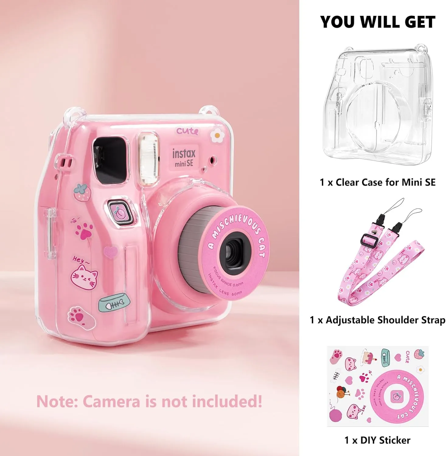 Mini SE Clear Case, Hard Cover for Fujifilm Instax Mini SE Instant Camera With Cute Cartoon Sticker and Shoulder Strap for Girls Boys - Pink Hey Cat