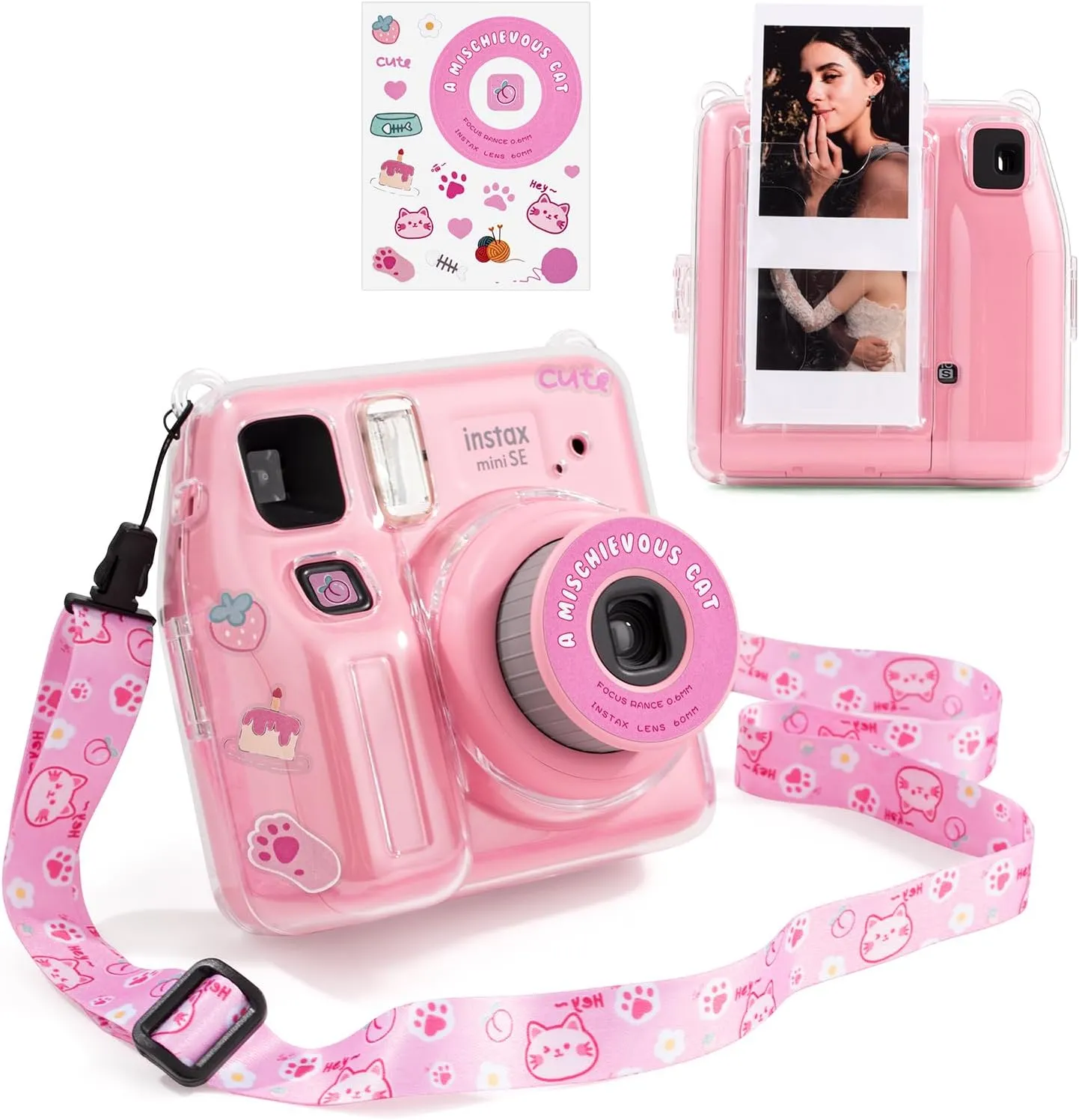 Mini SE Clear Case, Hard Cover for Fujifilm Instax Mini SE Instant Camera With Cute Cartoon Sticker and Shoulder Strap for Girls Boys - Pink Hey Cat