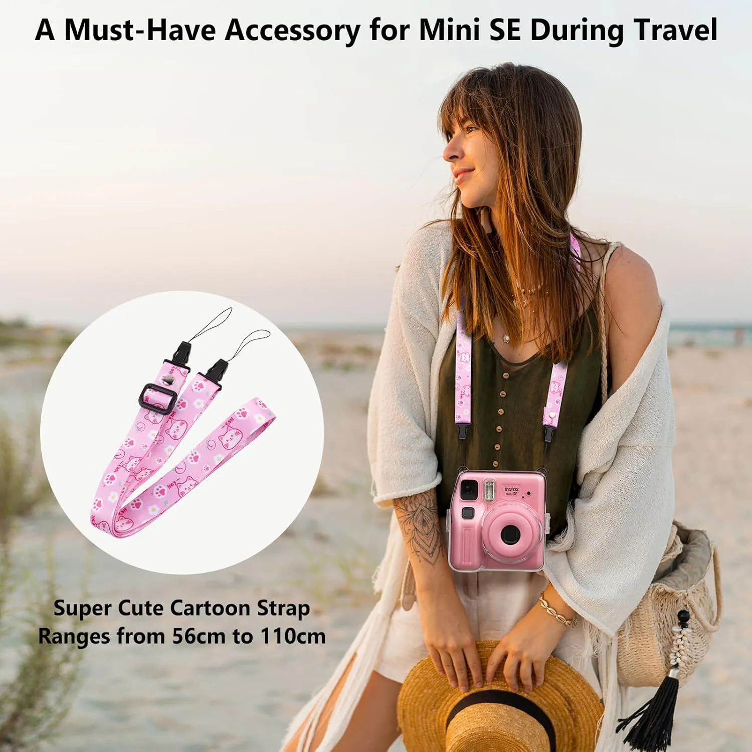 Mini SE Clear Case, Hard Cover for Fujifilm Instax Mini SE Instant Camera With Cute Cartoon Sticker and Shoulder Strap for Girls Boys - Pink Hey Cat