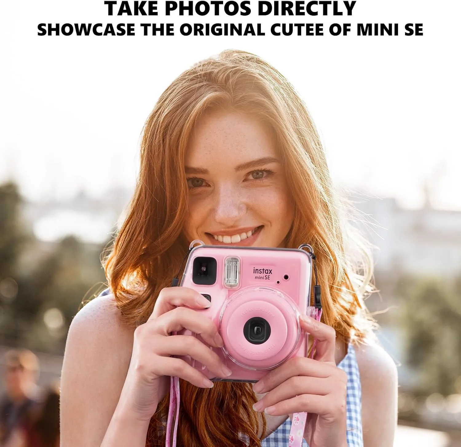 Mini SE Clear Case, Hard Cover for Fujifilm Instax Mini SE Instant Camera With Cute Cartoon Sticker and Shoulder Strap for Girls Boys - Pink Hey Cat