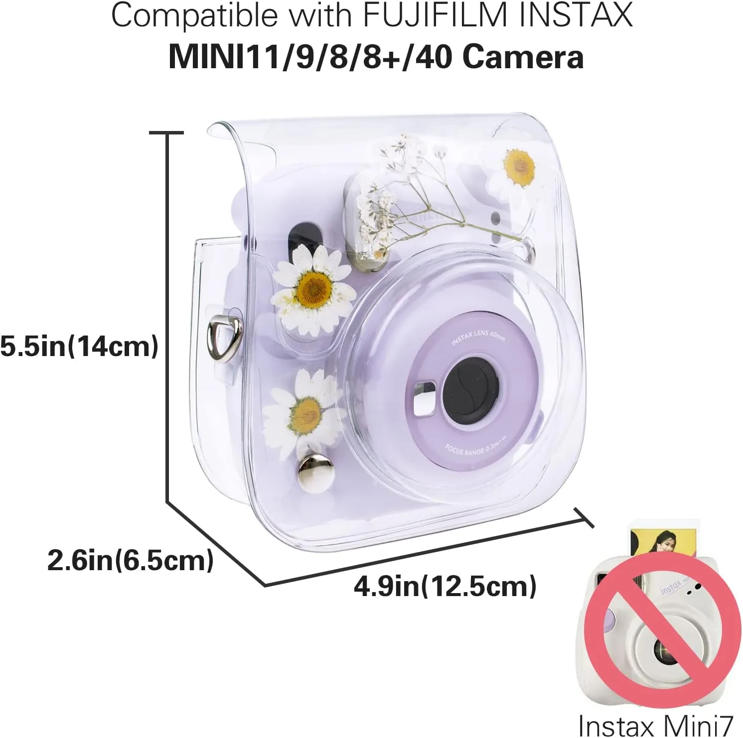 Mini11 Case, Clear Case for Instax Mini 11/9/8/8 /40 Instant Camera Dry Flower PVC Bag Cover with Adjustable Strap