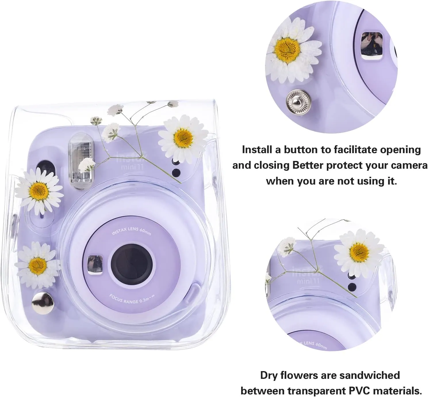 Mini11 Case, Clear Case for Instax Mini 11/9/8/8 /40 Instant Camera Dry Flower PVC Bag Cover with Adjustable Strap