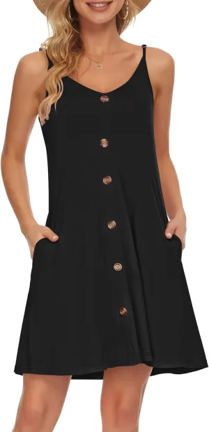 MISFAY Women Summer Spaghetti Strap Button Down V Neck Sleeveless Causal Beach Cover Up Dress with Pockets