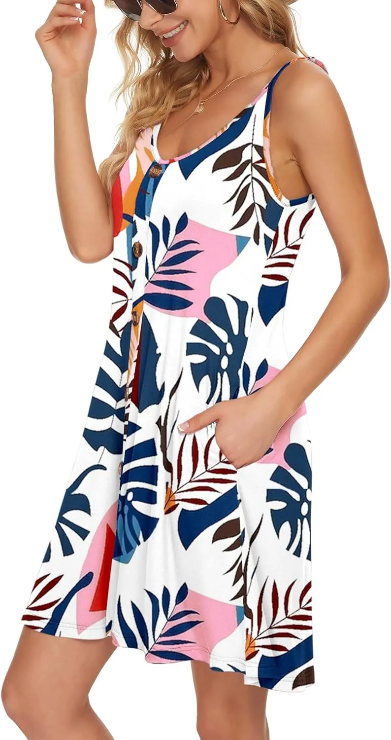 MISFAY Women Summer Spaghetti Strap Button Down V Neck Sleeveless Causal Beach Cover Up Dress with Pockets