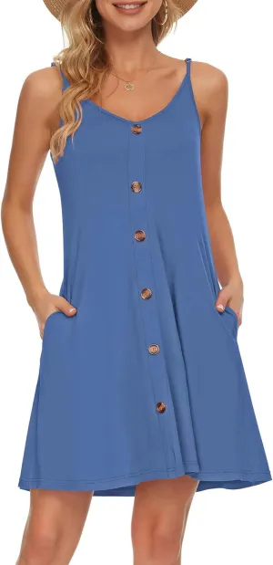 MISFAY Women Summer Spaghetti Strap Button Down V Neck Sleeveless Causal Beach Cover Up Dress with Pockets