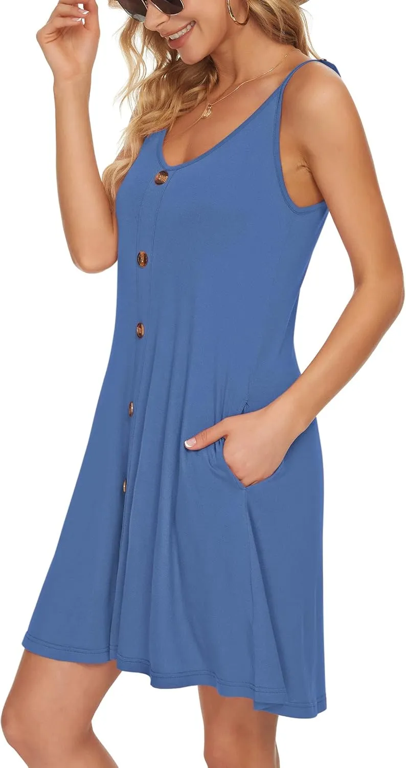 MISFAY Women Summer Spaghetti Strap Button Down V Neck Sleeveless Causal Beach Cover Up Dress with Pockets