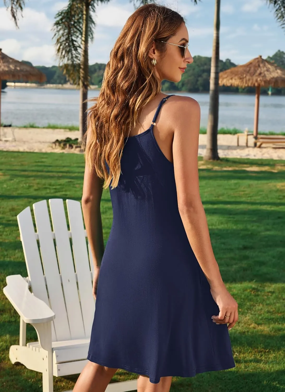 MISFAY Women Summer Spaghetti Strap Button Down V Neck Sleeveless Causal Beach Cover Up Dress with Pockets