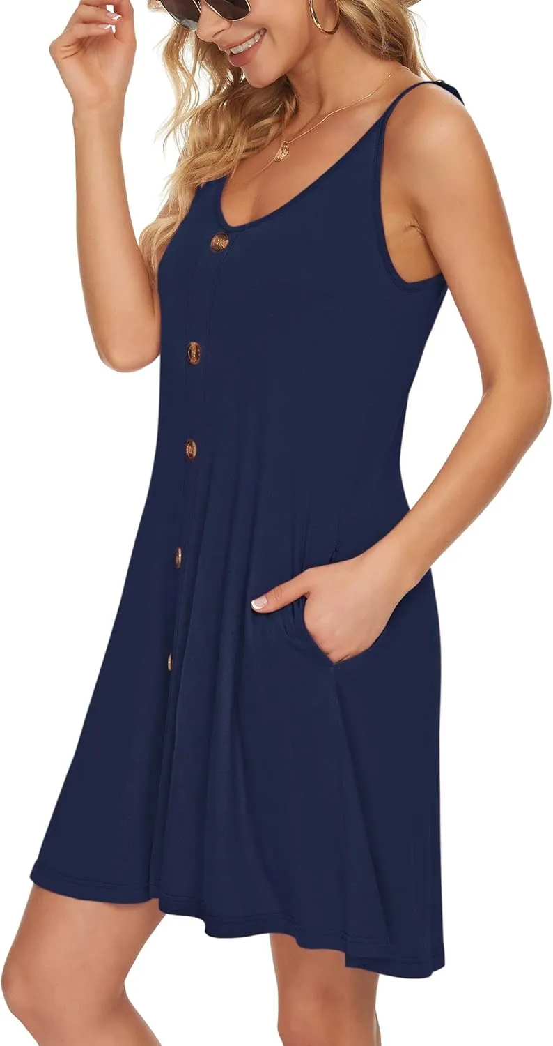 MISFAY Women Summer Spaghetti Strap Button Down V Neck Sleeveless Causal Beach Cover Up Dress with Pockets