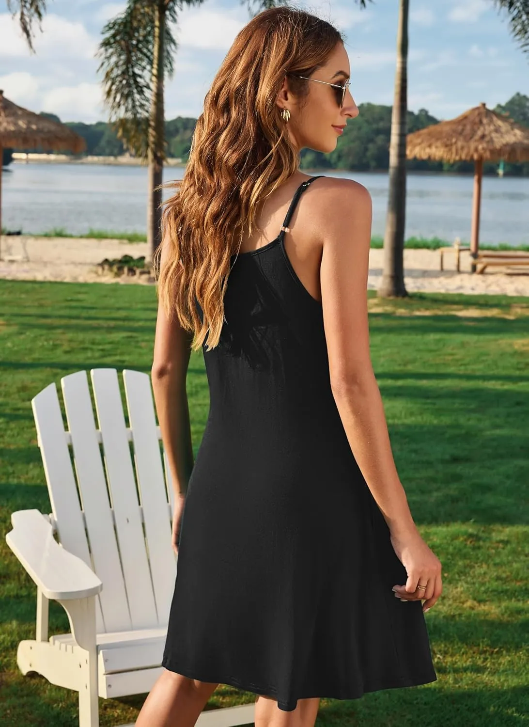 MISFAY Women Summer Spaghetti Strap Button Down V Neck Sleeveless Causal Beach Cover Up Dress with Pockets