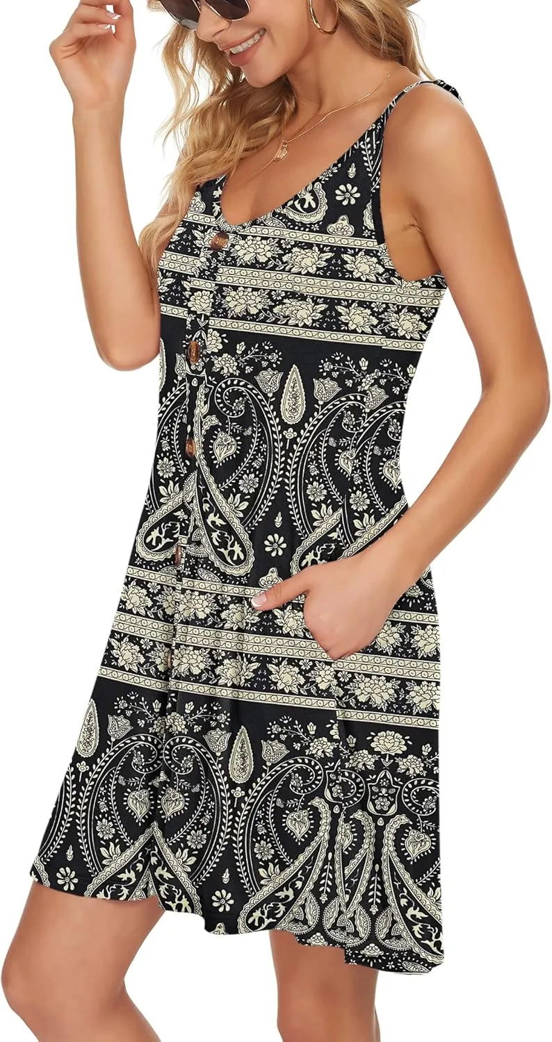 MISFAY Women Summer Spaghetti Strap Button Down V Neck Sleeveless Causal Beach Cover Up Dress with Pockets