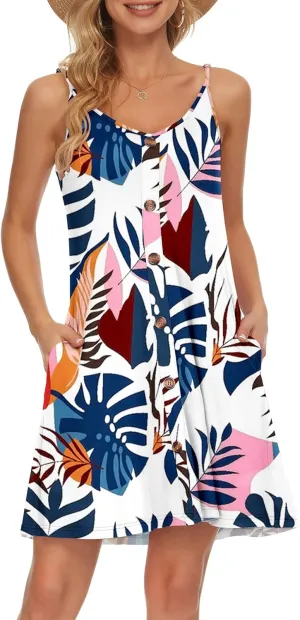 MISFAY Women Summer Spaghetti Strap Button Down V Neck Sleeveless Causal Beach Cover Up Dress with Pockets