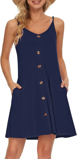 MISFAY Women Summer Spaghetti Strap Button Down V Neck Sleeveless Causal Beach Cover Up Dress with Pockets