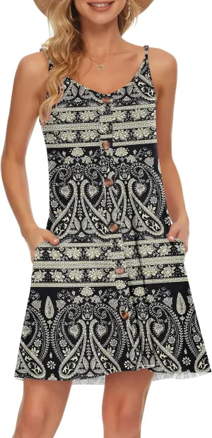 MISFAY Women Summer Spaghetti Strap Button Down V Neck Sleeveless Causal Beach Cover Up Dress with Pockets