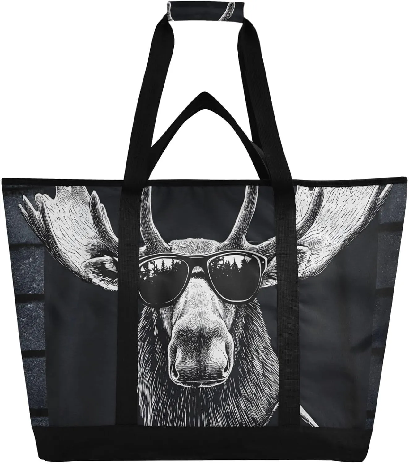 Moose Sunglasses Funny Large Insulated Tote Bag for Grocery Shopping Reusable Tote Bags for Women Men, Cooler Bag with Zippered Top & Handles for Beach Picnic Travel