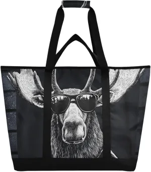 Moose Sunglasses Funny Large Insulated Tote Bag for Grocery Shopping Reusable Tote Bags for Women Men, Cooler Bag with Zippered Top & Handles for Beach Picnic Travel