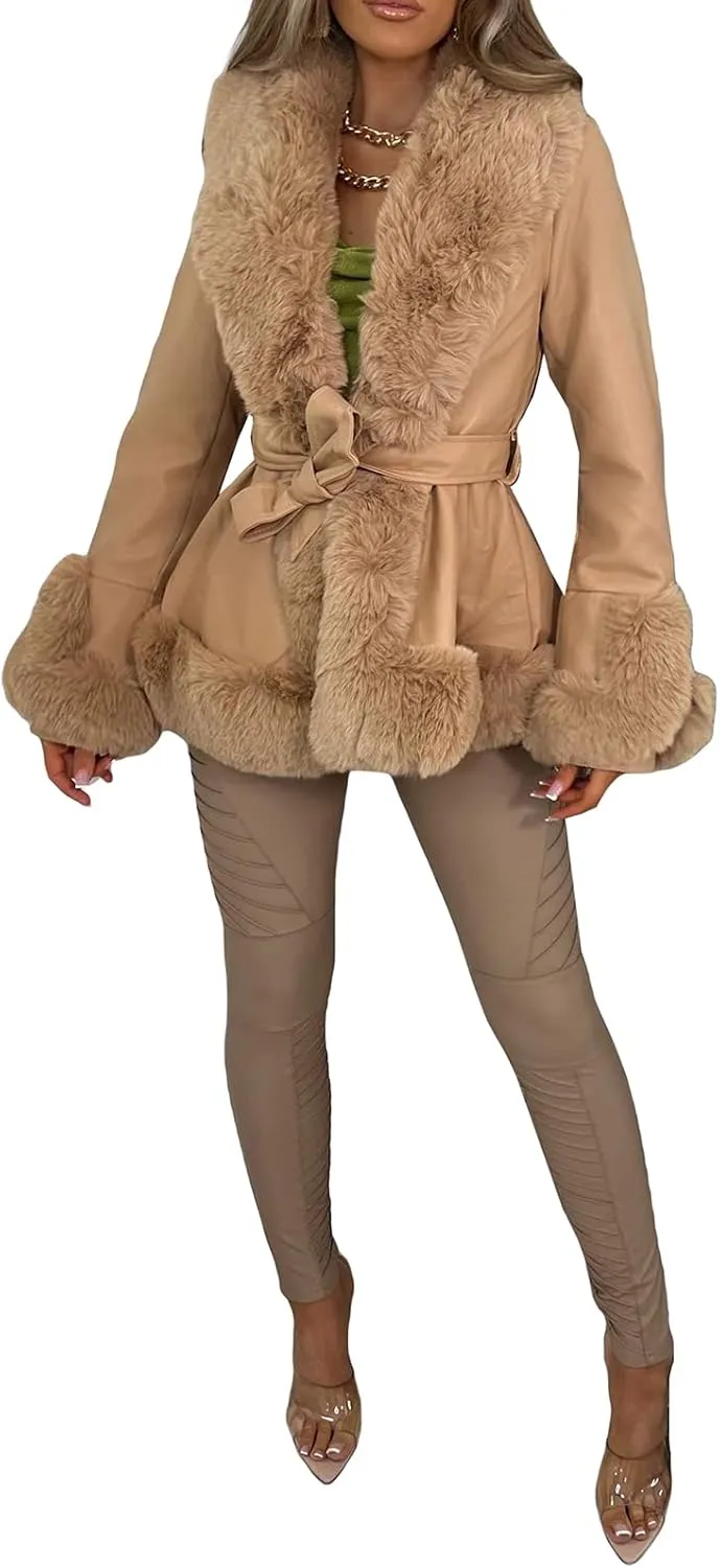 Mtsebmves Women's Faux Shearing Jacket Thick Lined Parka Winter Shearling Coat Leather Jacket Lapel Zipper Jackets