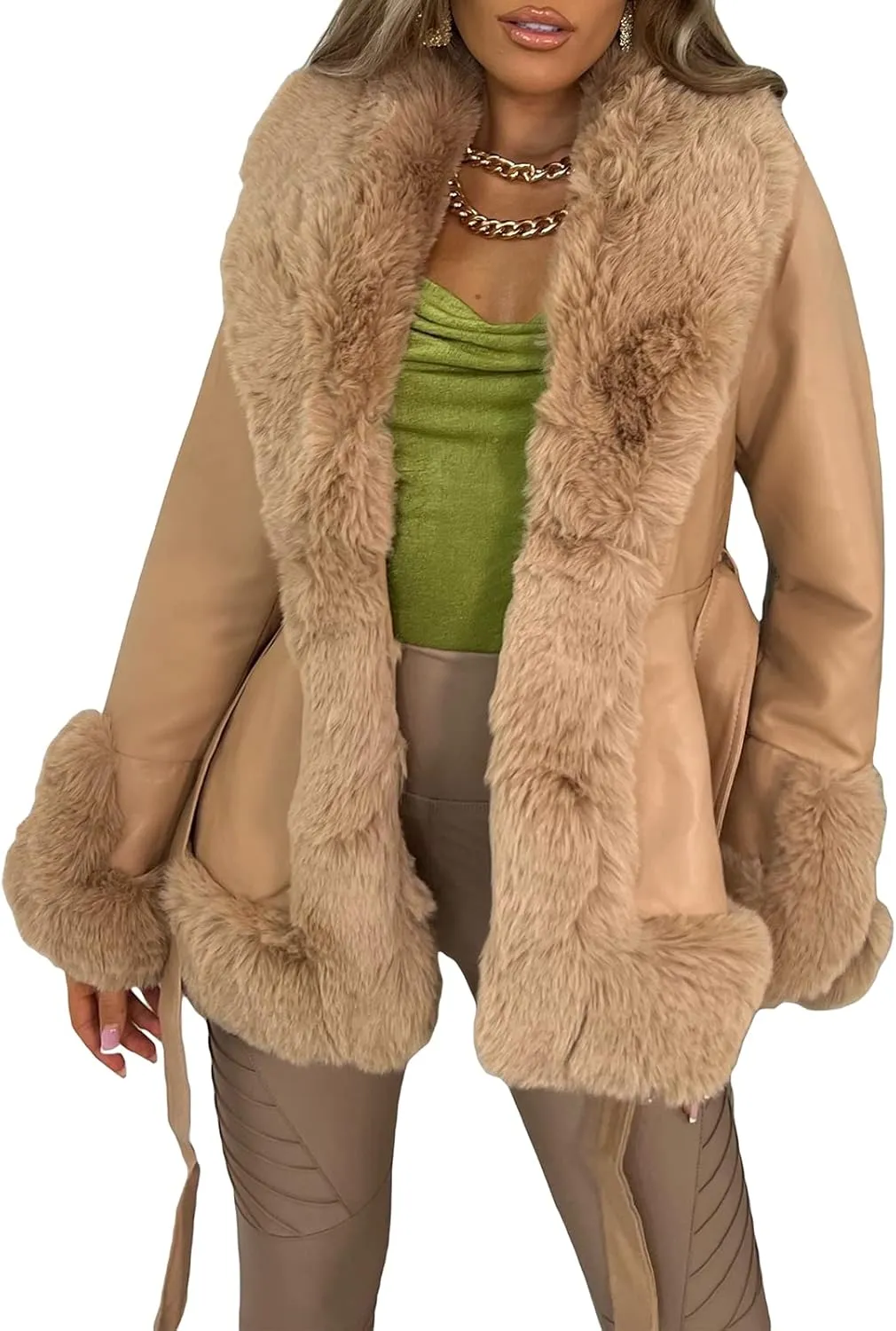 Mtsebmves Women's Faux Shearing Jacket Thick Lined Parka Winter Shearling Coat Leather Jacket Lapel Zipper Jackets